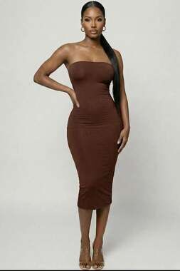 Capella U.S.A. Strapless Bodycon Midi Tube Dress in Chocolate Brown